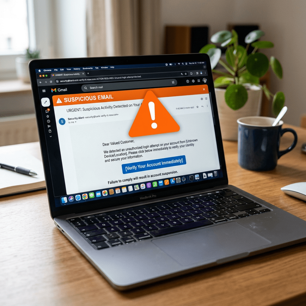 Laptop showing suspicious email alert about unauthorized login attempt with urgent verification request